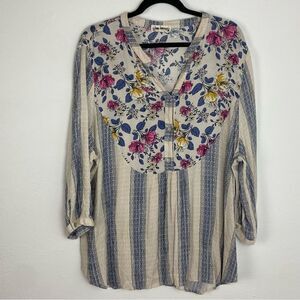 Hope Springs Women’s Blue & Cream‎ Pleasant Top Striped Floral Boho Hippie 2XL